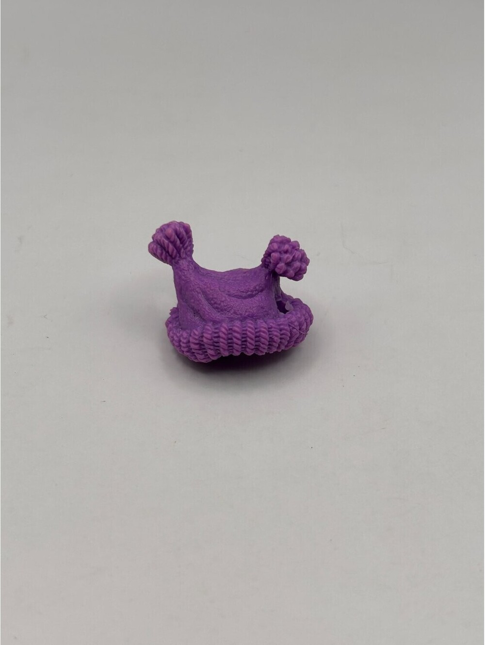 Miniature Doll Beanie Hat Purple Molded Knit Dual Pom Poms Rolled Textured Brim